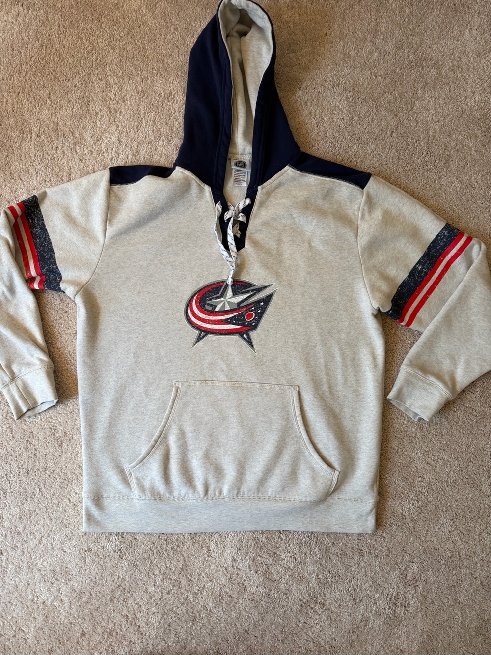 NHL Columbus Blue Jackets Gray Pullover Hoodie with Navy Hood and Red Accents